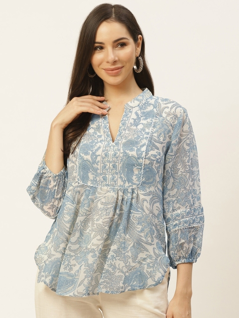 

aarke Ritu Kumar Blue & Off White Mandarin Collar Georgette Regular Top