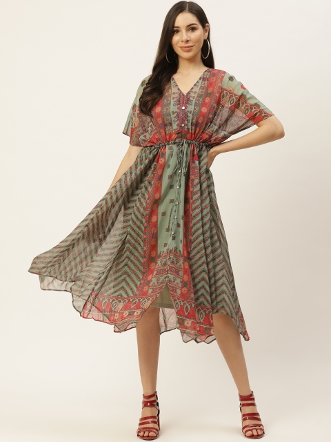 

aarke Ritu Kumar Women Green & Red Ethnic Motifs Kaftan Midi Dress