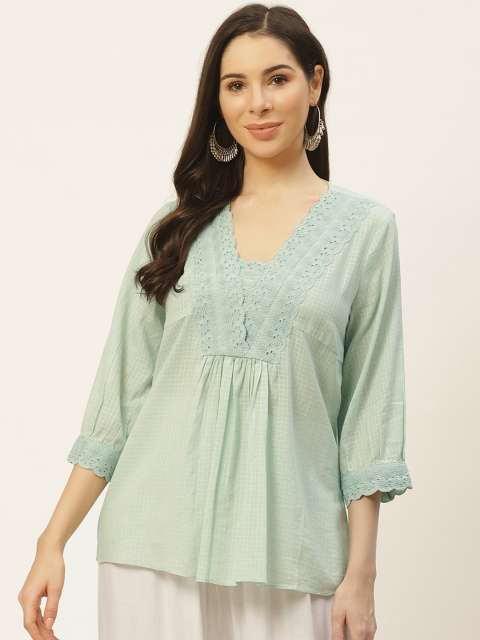 

aarke Ritu Kumar Green Checked Pure Cotton Schiffli A-Line Top