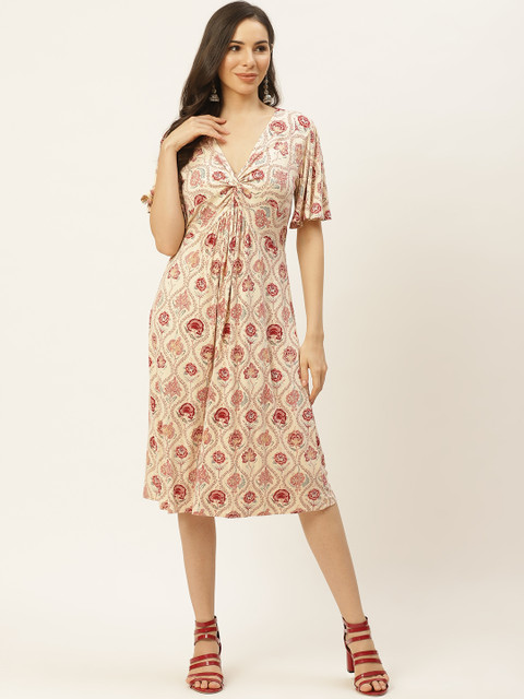 

aarke Ritu Kumar Women Off White & Red Ethnic Motifs A-Line Midi Dress