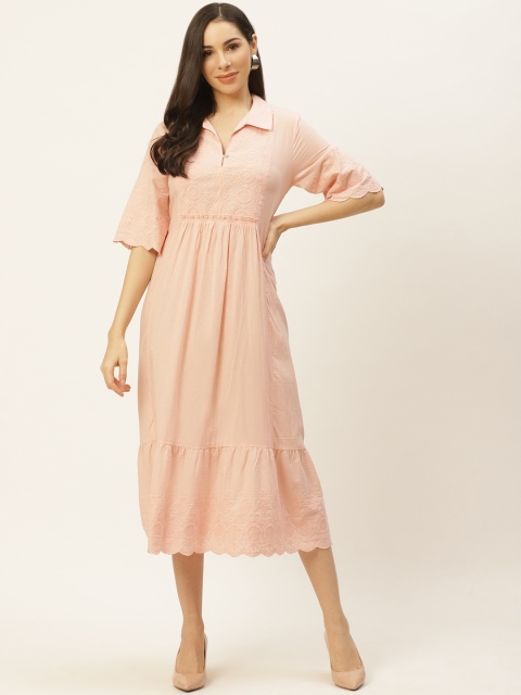 

aarke Ritu Kumar Women Peach-Coloured Cotton Schiffli Embroidered Shirt Midi Dress