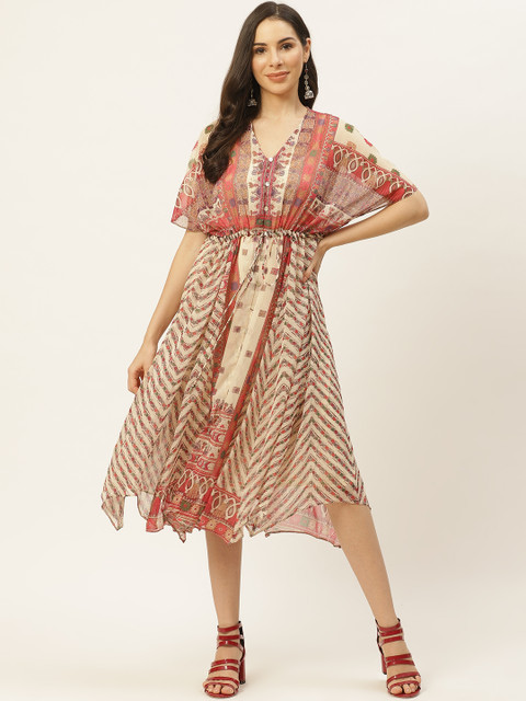 

aarke Ritu Kumar Women Cream-Colored & Red Ethnic Motifs Kaftan Midi Dress