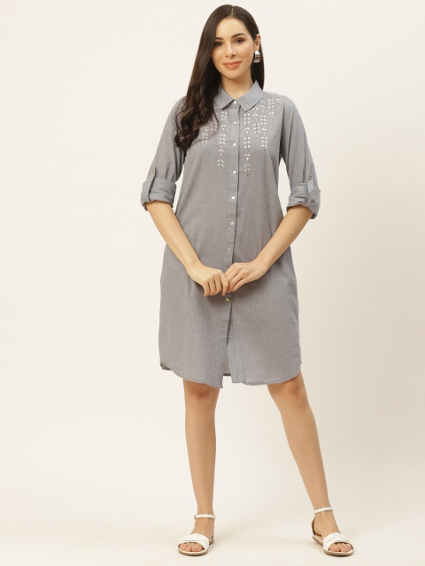 

aarke Ritu Kumar Women Blue Solid Chambray Shirt Dress