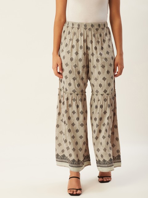 

aarke Ritu Kumar Women Grey & Black Ethnic Motifs Print Gathered Knitted Palazzos