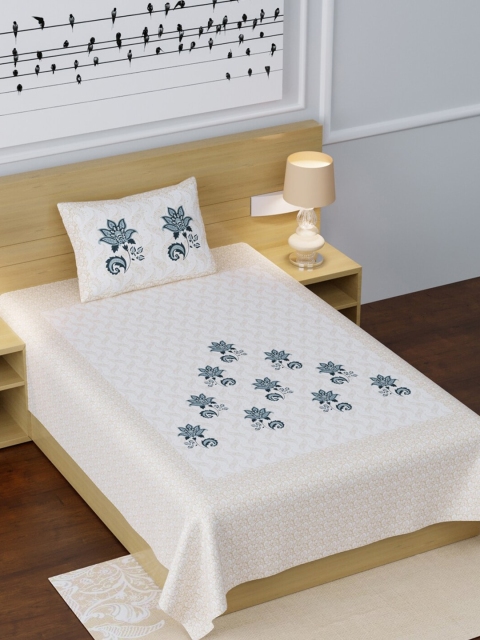 

LIVING ROOTS White & Beige Ethnic Motifs 210 TC Cotton 1 Single Bedsheet with 1 Pillow Covers
