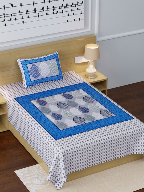 

LIVING ROOTS White & Blue Floral 210 TC Cotton 1 Single Bedsheet with 1 Pillow Cover