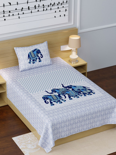 

LIVING ROOTS White & Blue Ethnic Motifs 210 TC Cotton 1 Single Bedsheet with 1 Pillow Covers