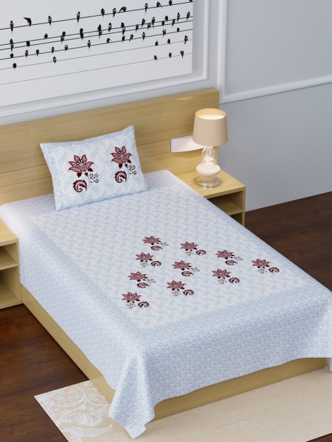 

LIVING ROOTS Blue & White Floral 210 TC Cotton 1 Single Bedsheet with 1 Pillow Covers