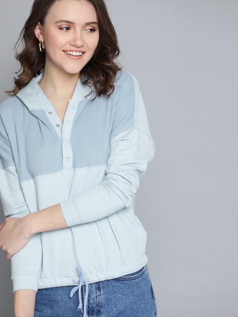 

Mast & Harbour Women Blue Self Design Hooded Sweatshirt