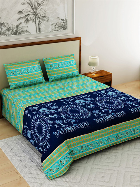 

Salona Bichona Green & Blue Ethnic Motifs 120 TC Cotton 1 King Bedsheet with 2 Pillow Covers
