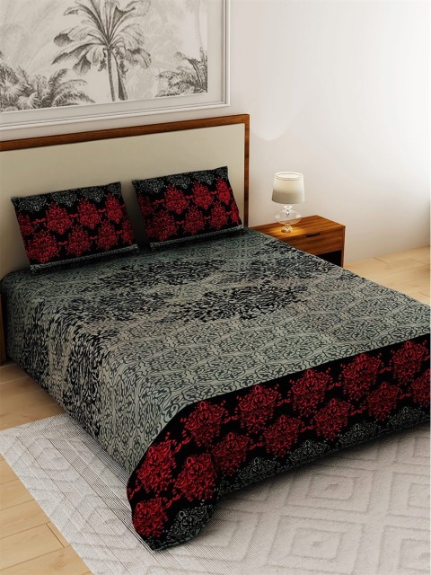 

Salona Bichona Grey & Red Ethnic Motifs 120 TC Cotton 1 King Bedsheet with 2 Pillow Covers