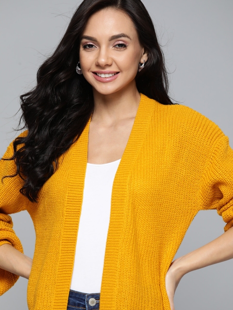 

Mast & Harbour Women Mustard Yellow Ribbed Front-Open Longline Sweater