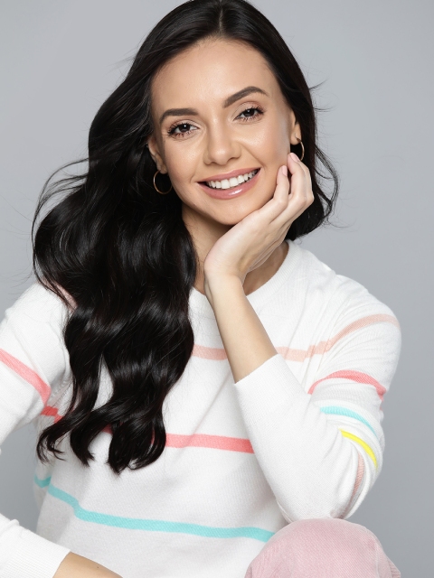 

Mast & Harbour Women White Striped Pullover