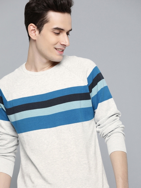 

Mast & Harbour Men Grey Melange & Blue Striped Pullover