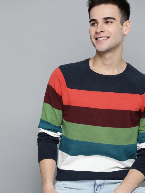 

Mast & Harbour Men Navy Blue & Maroon Striped Pure Cotton Pullover Sweater