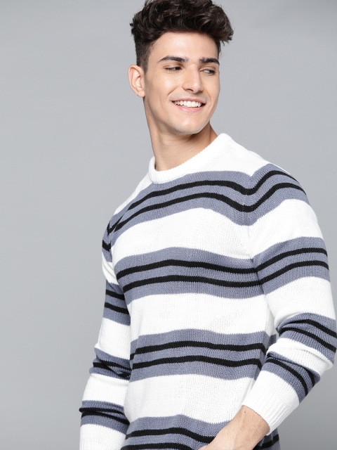 

Mast & Harbour Men White & Grey Striped Pullover