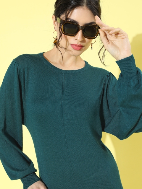 

Mast & Harbour Teal Green Solid Puff Sleeves Sweater Dress