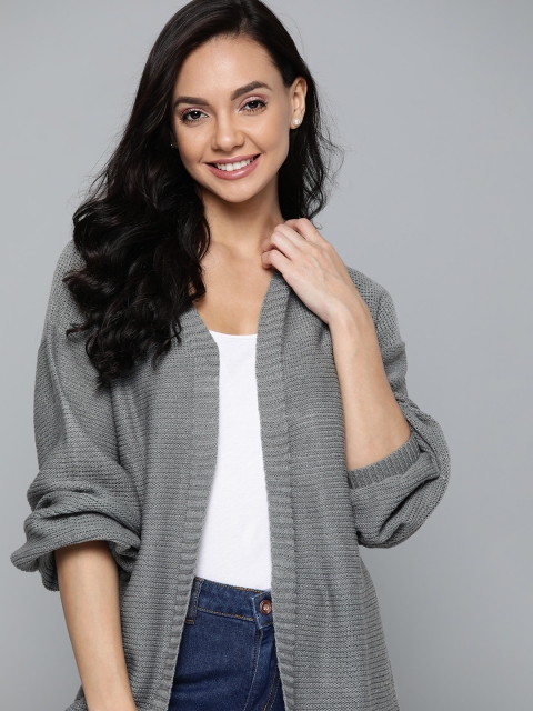 

Mast & Harbour Women Grey Solid Longline Front-Open Sweater