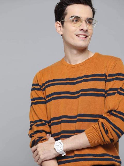 

Mast & Harbour Men Mustard Yellow & Navy Blue Striped Cotton Pullover