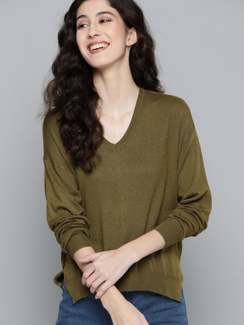 

Mast & Harbour Women Olive Green Solid Pullover