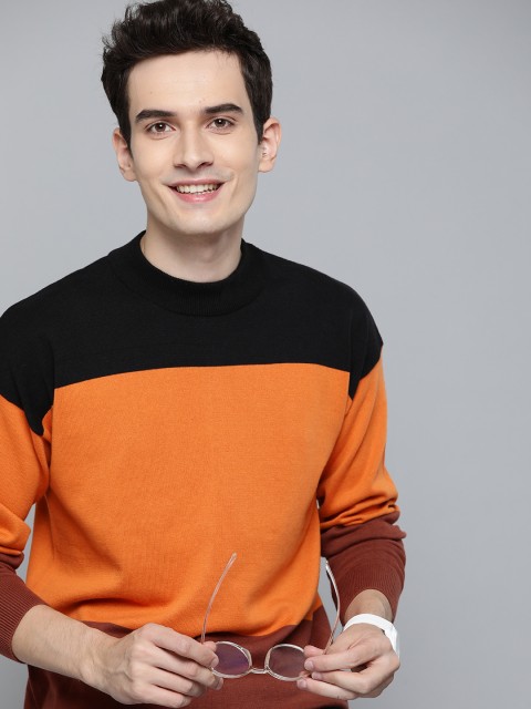 

Mast & Harbour Men Orange & Black Colourblocked Cotton Pullover
