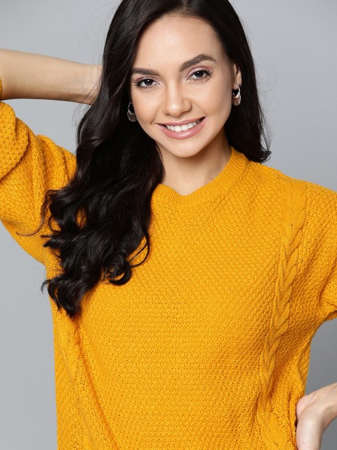 

Mast & Harbour Women Mustard Yellow Self Designed Pullover Sweater
