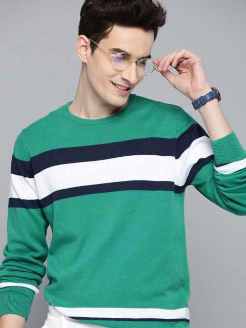 

Mast & Harbour Men Green & White Striped Pure Cotton Pullover Sweater