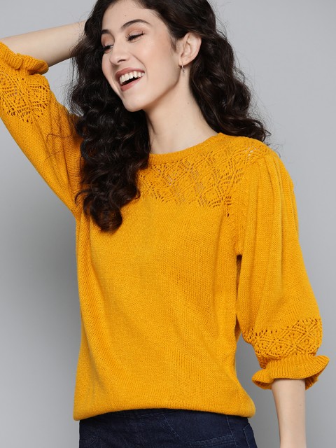 

Mast & Harbour Women Mustard Yellow Cable Knit Pullover