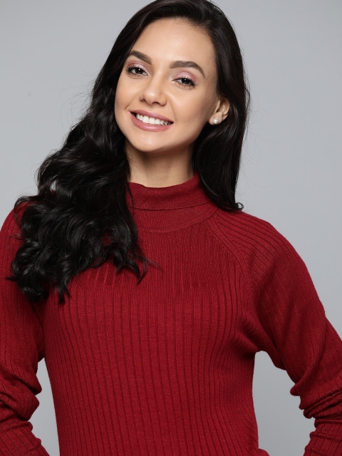 

Mast & Harbour Women Maroon Self Striped Pullover