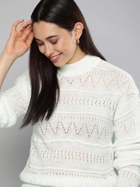 

Mast & Harbour Women Off-White Self-Design Pullover