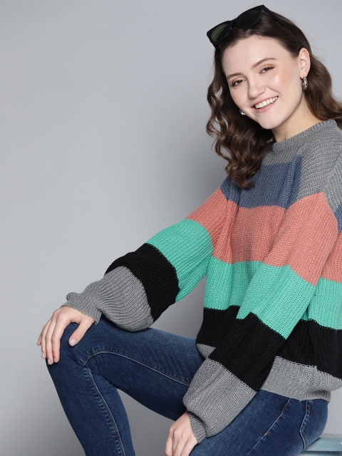 

Mast & Harbour Women Grey & Green Striped Pullover