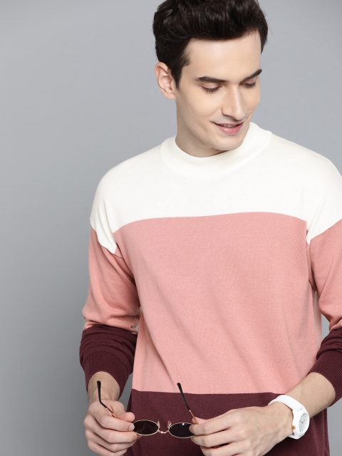 

Mast & Harbour Men Pink & White Colourblocked Cotton Pullover