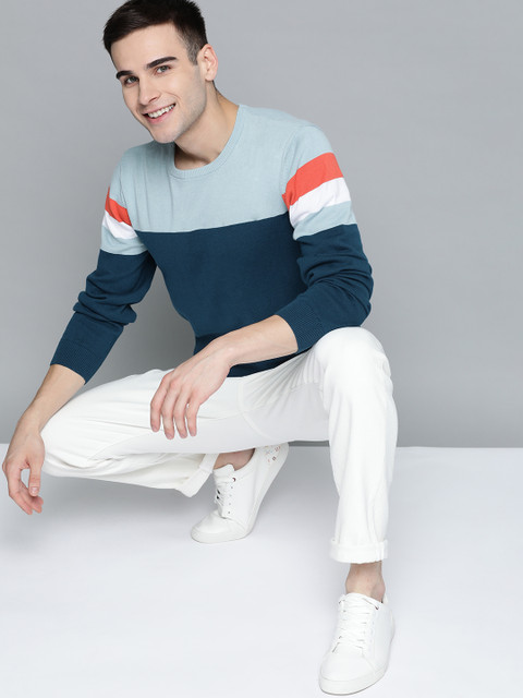 

Mast & Harbour Men Blue Cotton Colourblocked Pullover