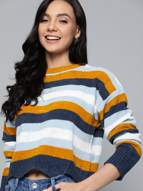 

Mast & Harbour Women Blue & Mustard Yellow Striped Crop Pullover