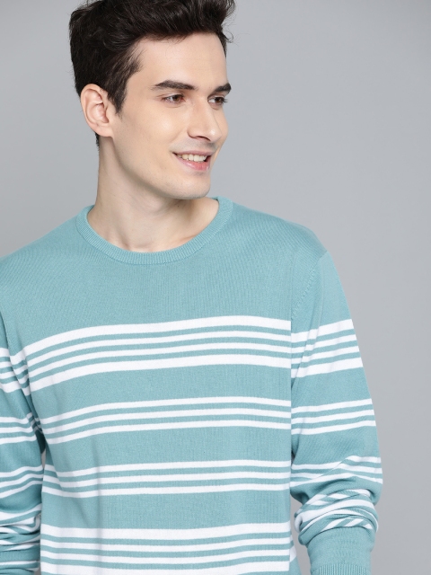 

Mast & Harbour Men Blue & White Striped Pure Cotton Pullover Sweater