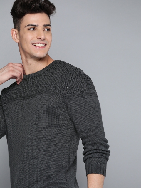 

Mast & Harbour Men Olive Green Pure Cotton Open Knit Pullover