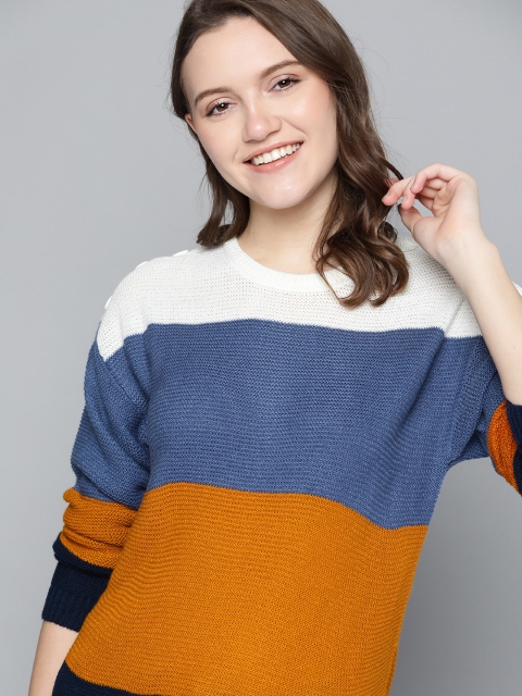 

Mast & Harbour Women Blue & Mustard Yellow Colourblocked Pullover