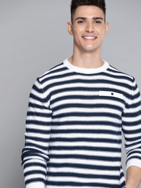

Mast & Harbour Men White & Navy Blue Striped Pullover