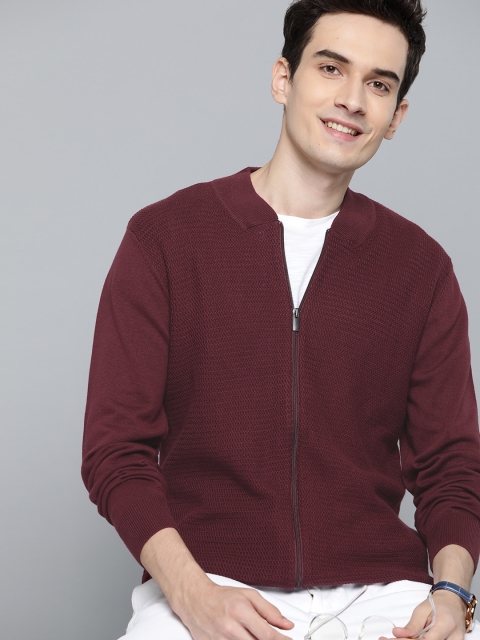 

Mast & Harbour Men Maroon Pure Cotton Self-Design Cardigan