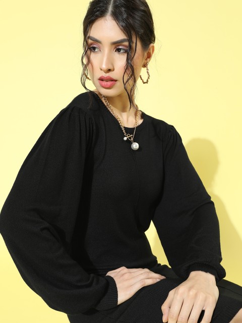 

Mast & Harbour Black Solid Puff Sleeves Sweater Dress