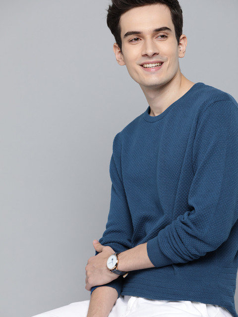 

Mast & Harbour Men Blue Pure Cotton Self-Design Pullover