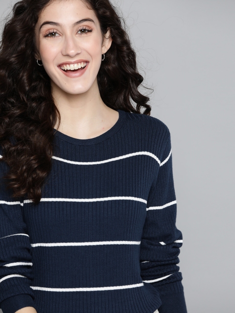

Mast & Harbour Women Navy Blue & White Striped Pullover