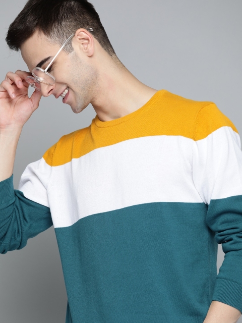 

Mast & Harbour Men Mustard Yellow & Teal Blue Cotton Colourblocked Pullover