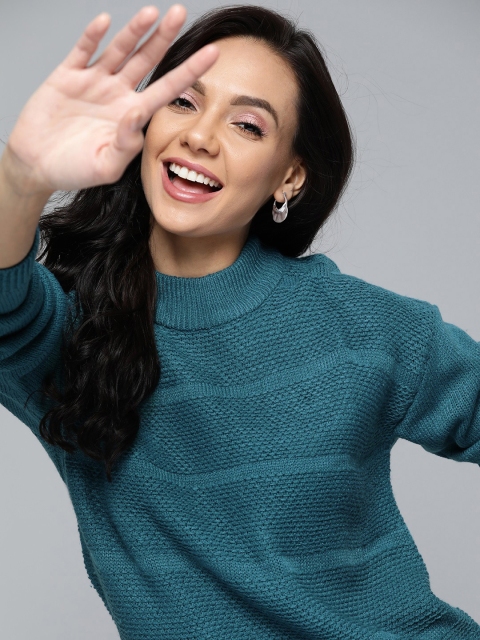 

Mast & Harbour Women Teal Blue Striped Pullover Sweater