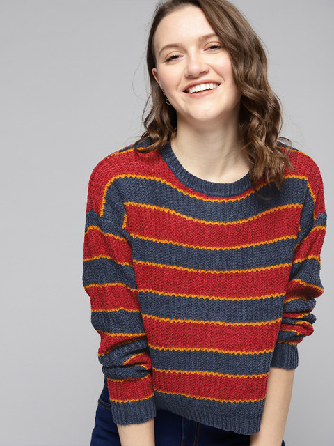 

Mast & Harbour Women Red & Teal Striped Pullover