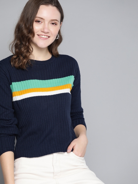 

Mast & Harbour Women Navy Blue & Green Striped Pullover