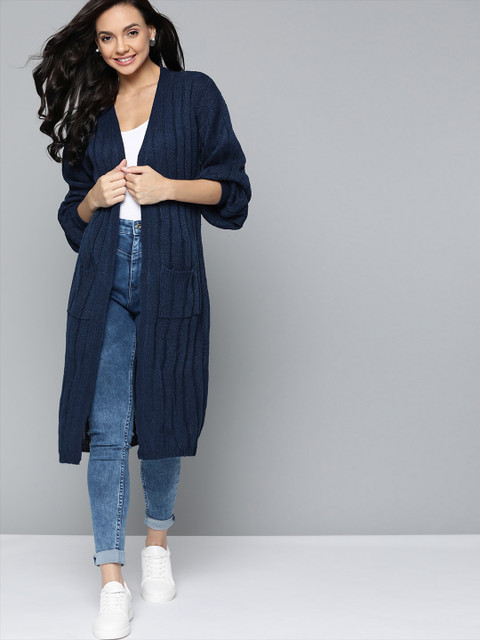 

Mast & Harbour Women Navy Blue Striped Longline Front-Open Sweater