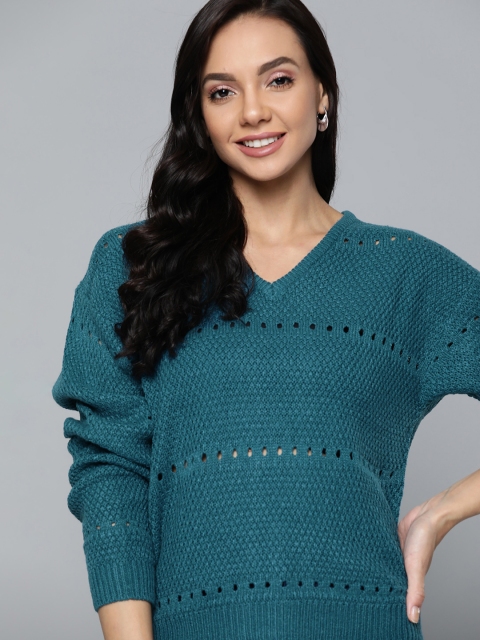 

Mast & Harbour Women Teal Blue Open Knit Pullover Sweater