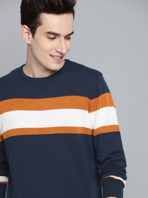 

Mast & Harbour Men Navy Blue & White Striped Pure Cotton Pullover Sweater