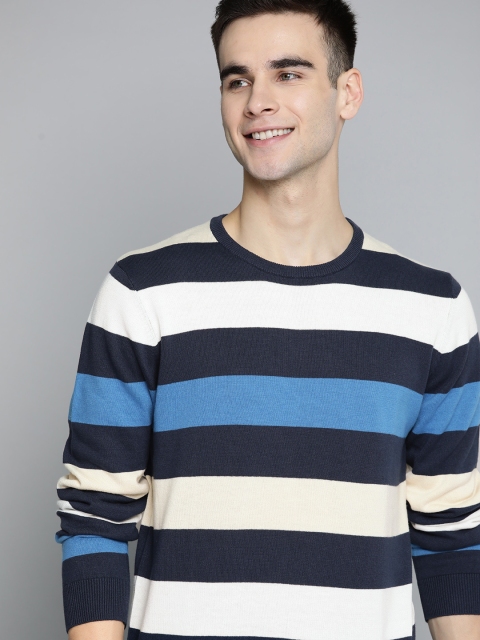 

Mast & Harbour Men Navy Blue & White Striped Cotton Pullover